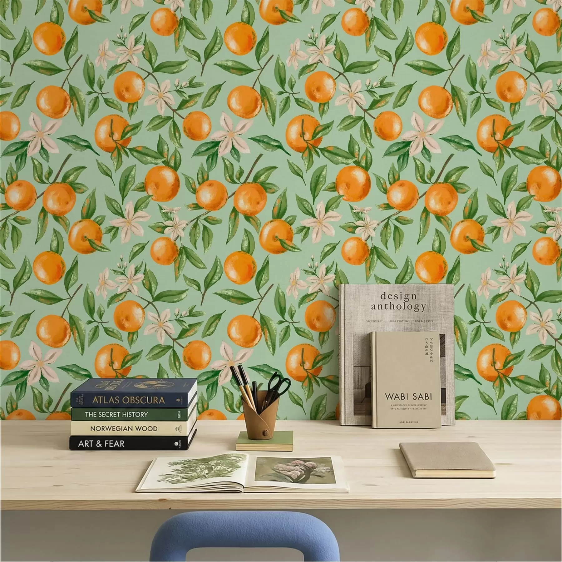 murais de parede Laranjas, folhas verdes e flores brancas sobre um fundo cor de menta a01262