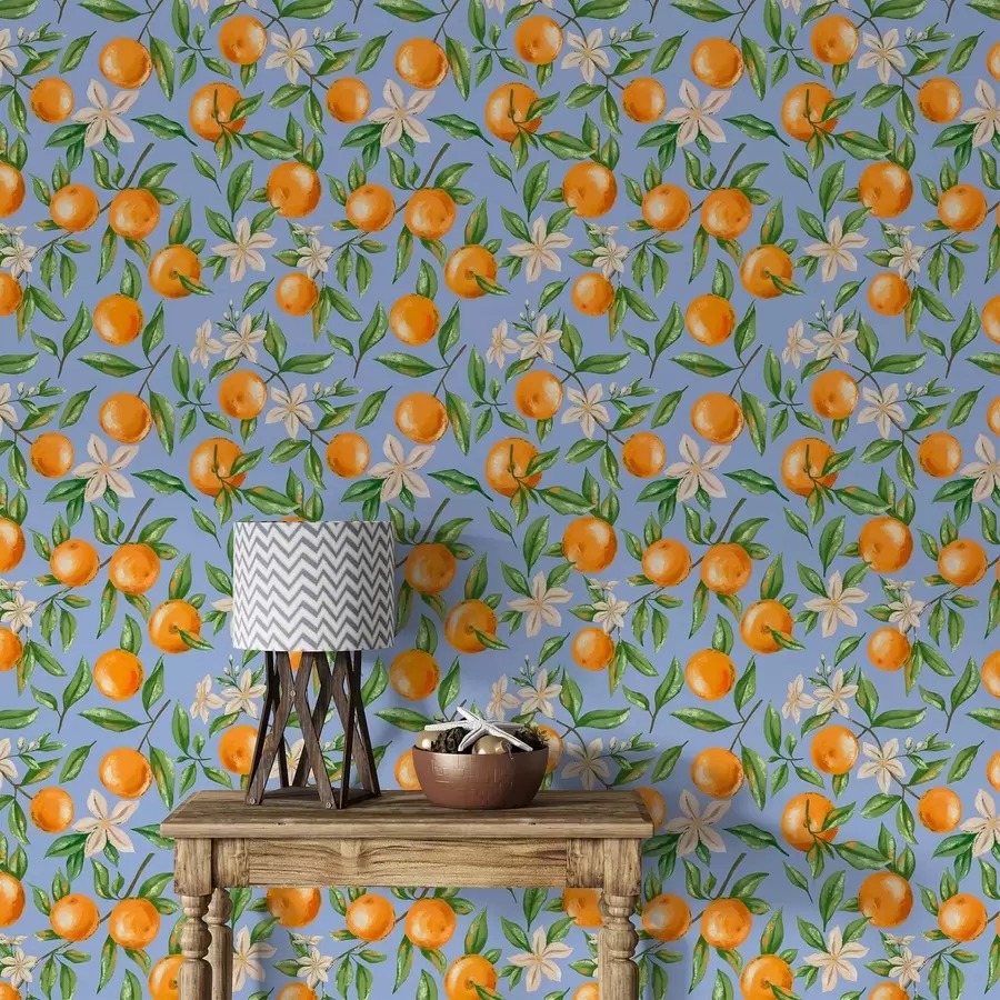murais de parede Laranjas, folhas verdes e flores brancas sobre um fundo azul a01262v2