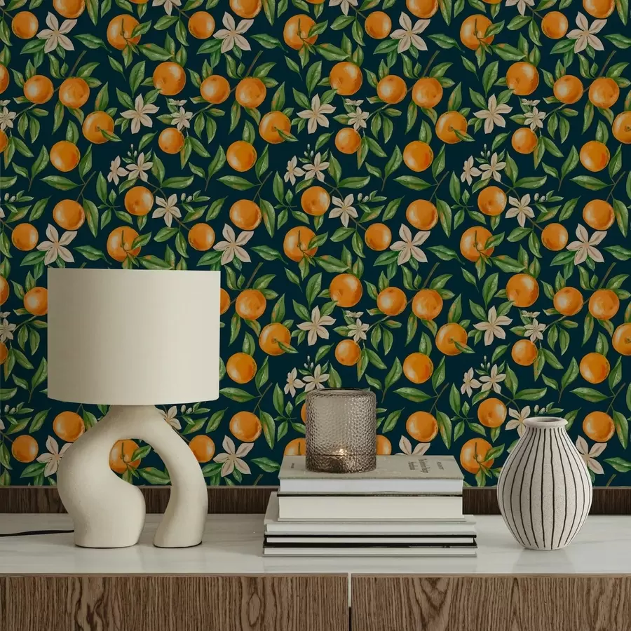 murais de parede Laranjas, folhas verdes e flores brancas sobre um fundo escuro a01262v3