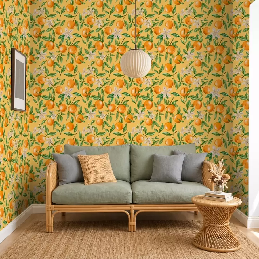 murais de parede Laranjas, folhas verdes e flores brancas sobre um fundo amarelo a01262v4