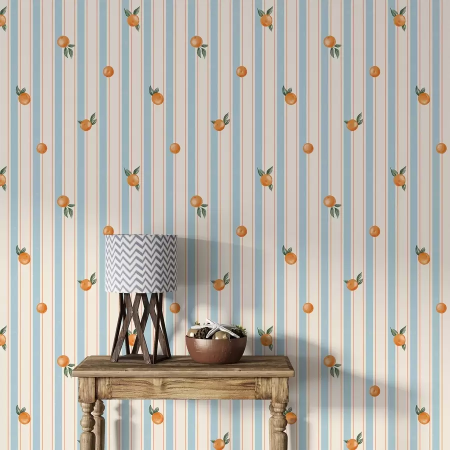 murais de parede Fruta laranja sobre riscas azul-claro e creme a01263v1