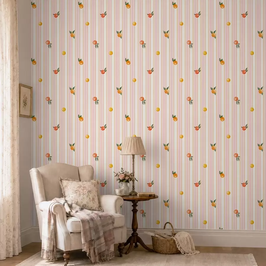 murais de parede Fruta laranja sobre riscas cor-de-rosa e creme a01263v4