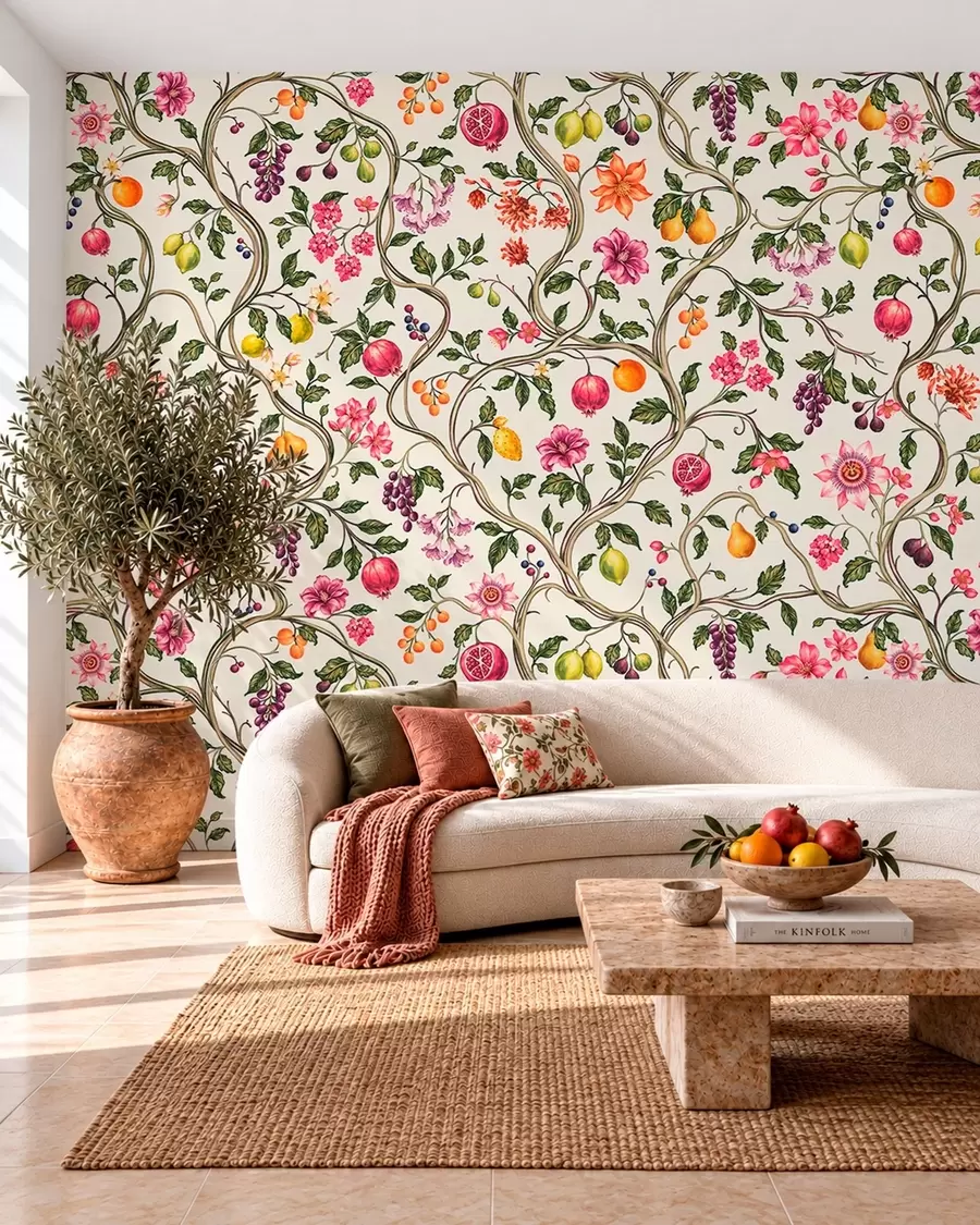 murais de parede Ramos entrelaçados com flores, frutos e folhas verdes w05862