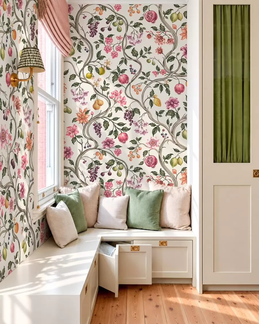 murais de parede Padrão floral e frutal com ramos entrelaçados w05862v1