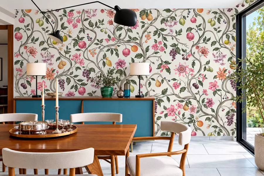 murais de parede Padrão floral e frutal com ramos entrelaçados w05862v1