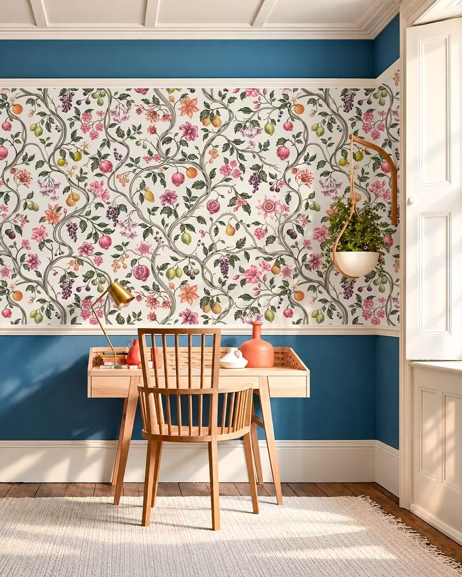 murais de parede Padrão floral e frutal com ramos entrelaçados w05862v1