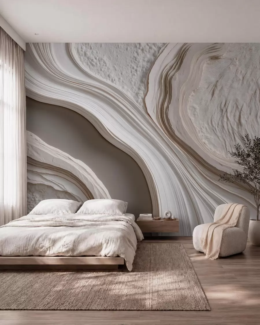 murais de parede Imitação de reboco com textura ondulada em tons de bege-creme com efeito 3D w10042