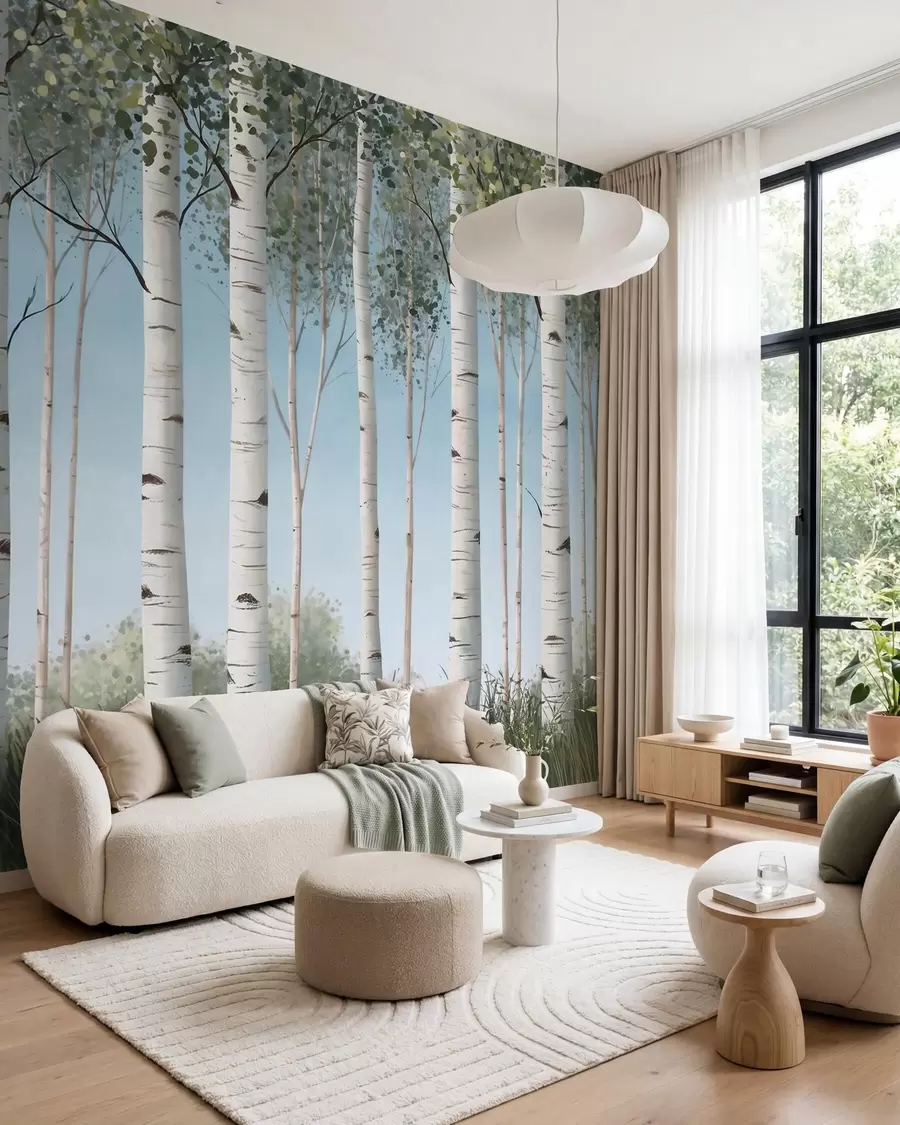 murais de parede Bosque de bétulas com troncos brancos contra um céu azul, em estilo aquarela w10047