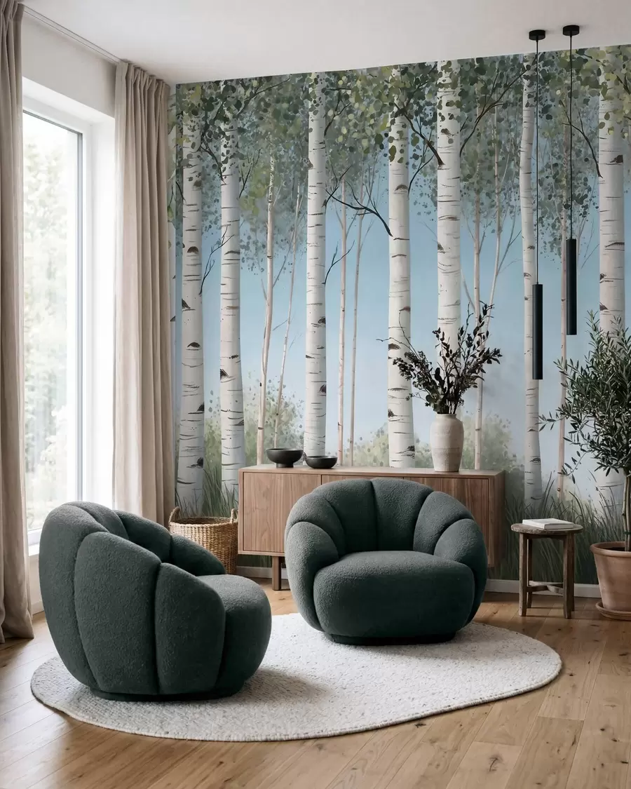 murais de parede Bosque de bétulas com troncos brancos contra um céu azul, em estilo aquarela w10047