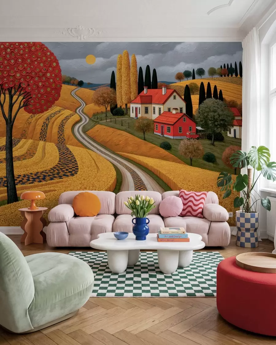 murais de parede Imitação de uma paisagem pitoresca da Toscana, pintada com pinceladas a óleo, com uma árvore vermelha, uma estrada sinuosa e uma quinta w10049