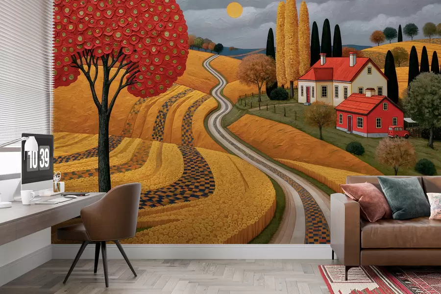 murais de parede Imitação de uma paisagem pitoresca da Toscana, pintada com pinceladas a óleo, com uma árvore vermelha, uma estrada sinuosa e uma quinta w10049