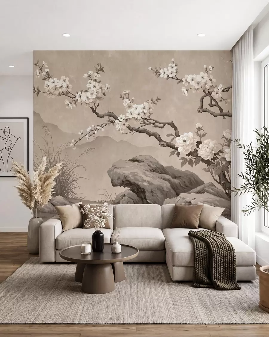 murais de parede Ramo de cerejeira em flor sobre rochas em tons de bege claro, ao estilo da pintura oriental w10052