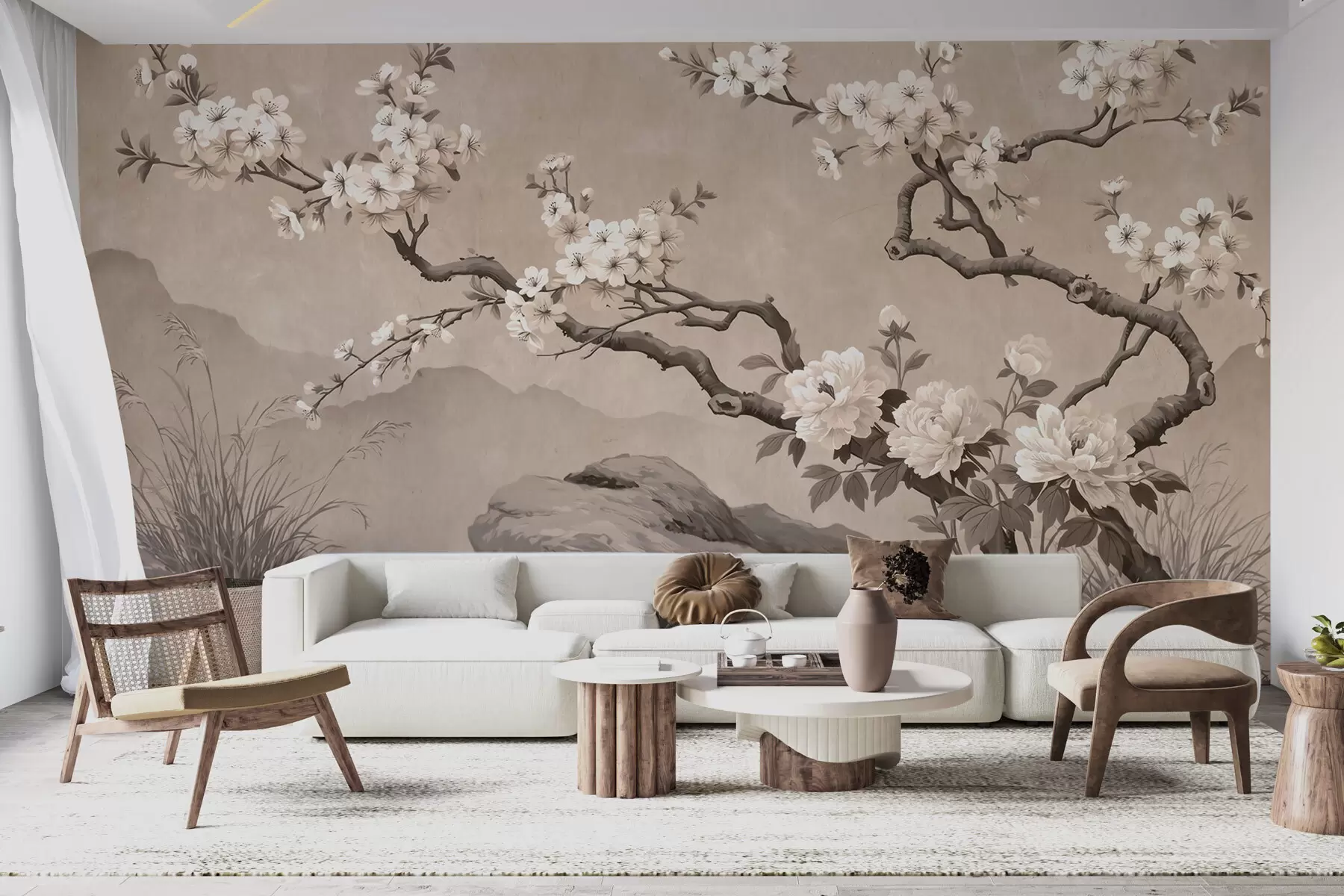 murais de parede Ramo de cerejeira em flor sobre rochas em tons de bege claro, ao estilo da pintura oriental w10052