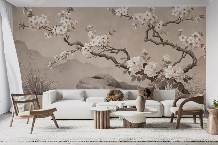 murais de parede Ramo de cerejeira em flor sobre rochas em tons de bege claro, ao estilo da pintura oriental w10052