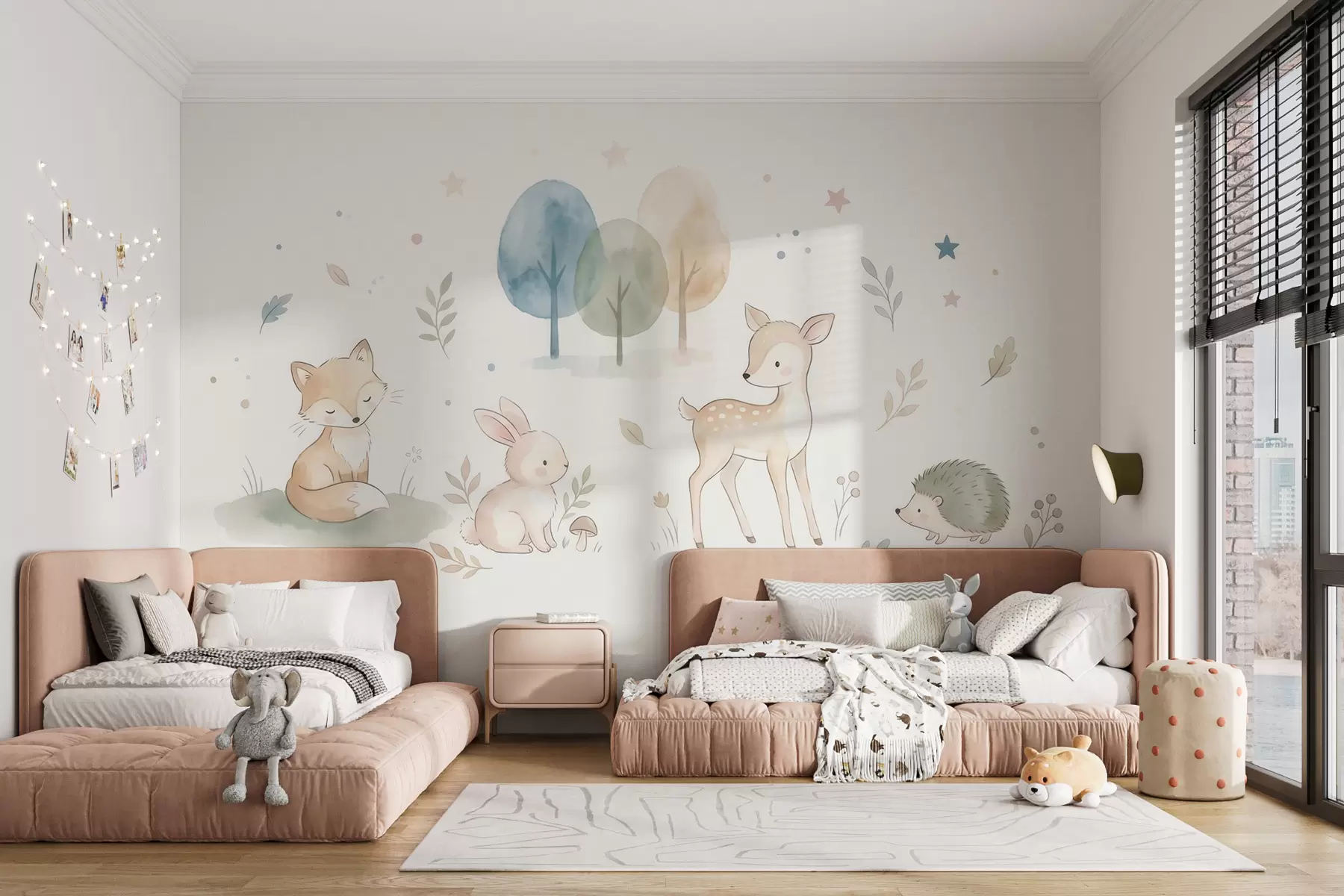 murais de parede Animais da floresta: raposa, coelho, veado-jovem, ouriço, em estilo aquarela w10068
