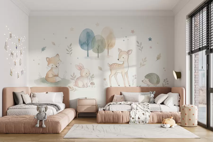 murais de parede Animais da floresta: raposa, coelho, veado-jovem, ouriço, em estilo aquarela w10068