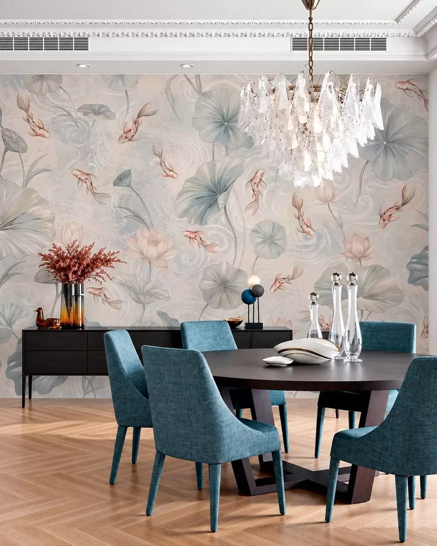 murais de parede Peixes koi entre folhas e flores cor-de-rosa num fundo claro w05807