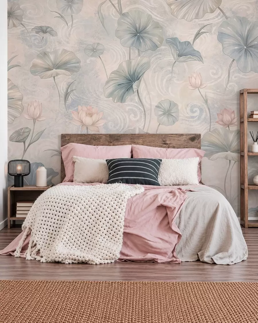 murais de parede Folhas grandes e flores cor-de-rosa sobre um fundo claro w05808