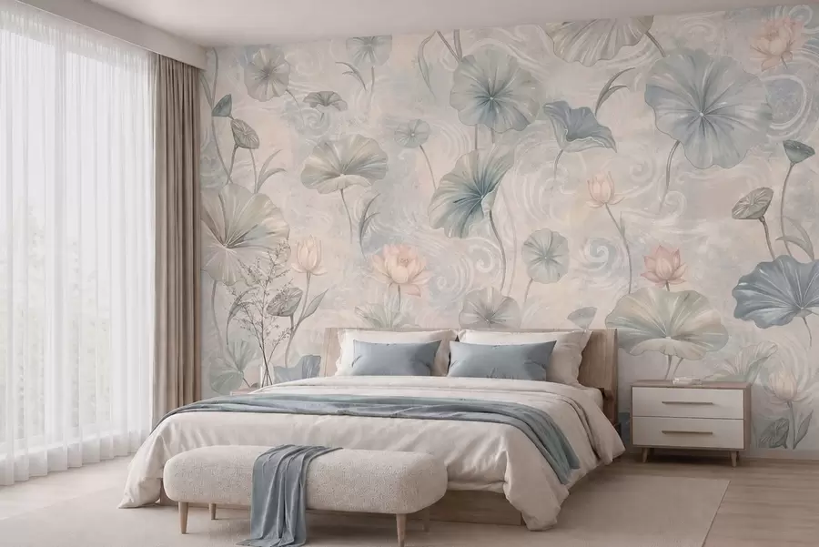 murais de parede Folhas grandes e flores cor-de-rosa sobre um fundo claro w05808