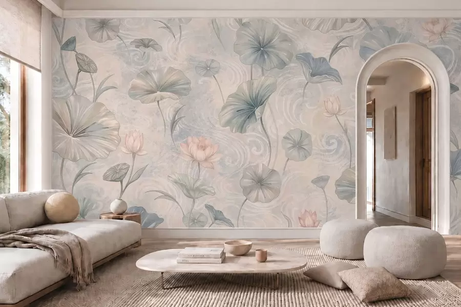 murais de parede Folhas grandes e flores cor-de-rosa sobre um fundo claro w05808