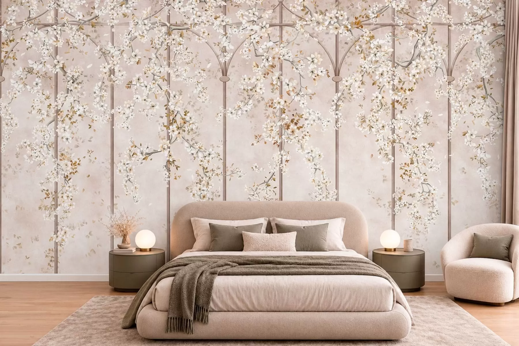 murais de parede Ramos brancos em flor numa treliça decorativa w05923