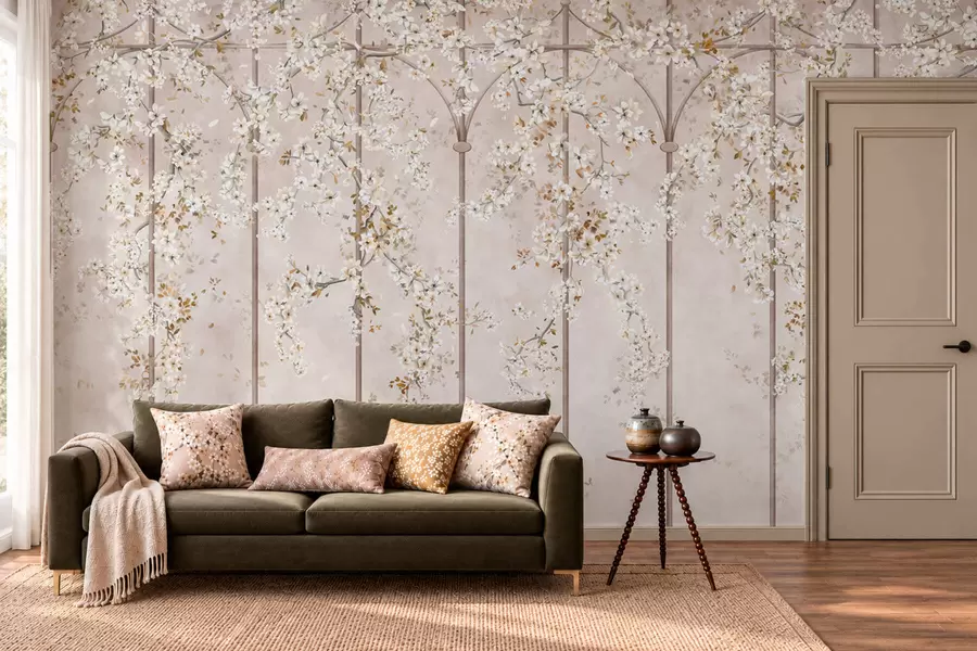 murais de parede Ramos brancos em flor numa treliça decorativa w05923
