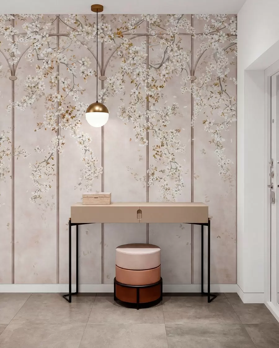 murais de parede Ramos brancos em flor numa treliça decorativa w05923