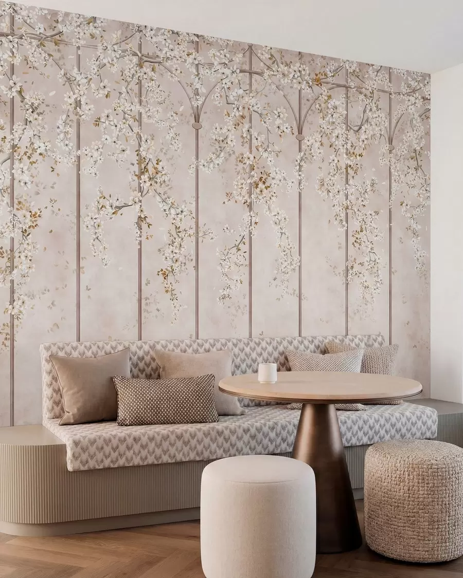 murais de parede Ramos brancos em flor numa treliça decorativa w05923