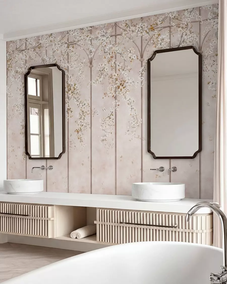 murais de parede Ramos brancos em flor numa treliça decorativa w05923