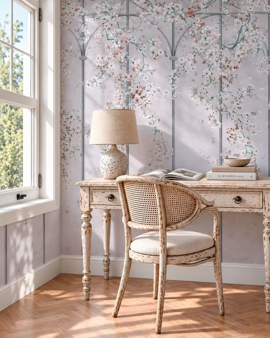 murais de parede Ramos com flores brancas numa treliça decorativa azul e cinzenta w05923v1
