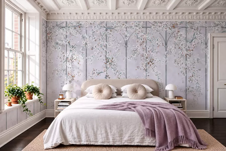 murais de parede Ramos com flores brancas numa treliça decorativa azul e cinzenta w05923v1