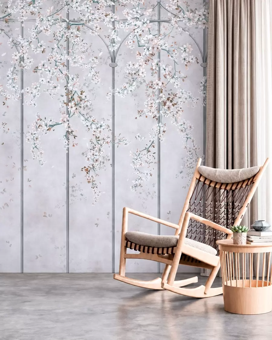 murais de parede Ramos com flores brancas numa treliça decorativa azul e cinzenta w05923v1