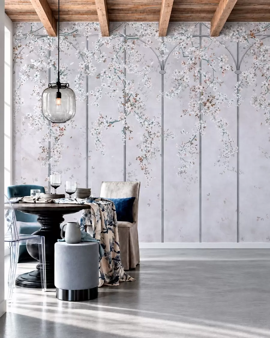 murais de parede Ramos com flores brancas numa treliça decorativa azul e cinzenta w05923v1