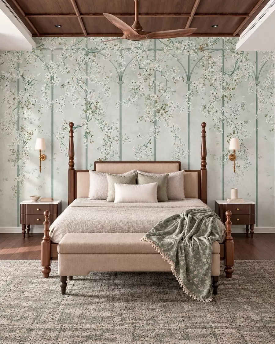 murais de parede Ramos com flores brancas numa treliça decorativa verde w05923v2