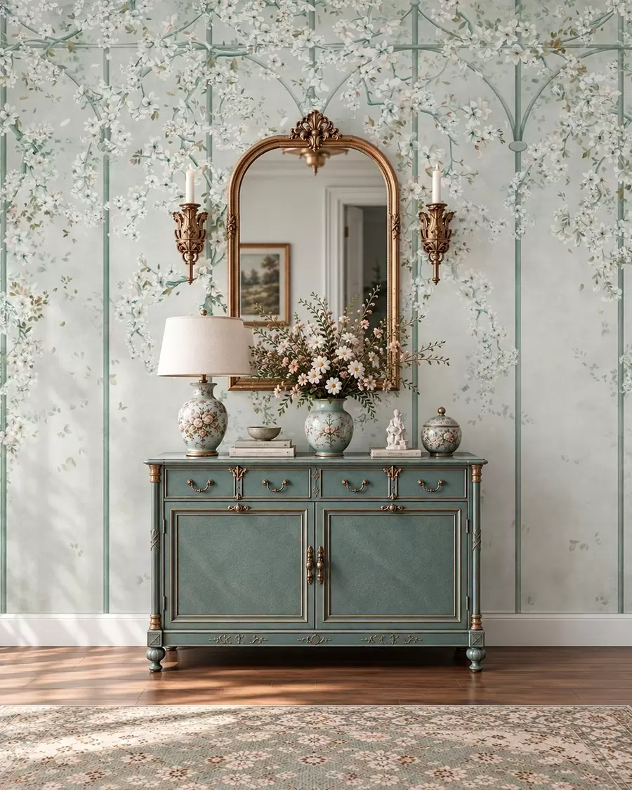 murais de parede Ramos com flores brancas numa treliça decorativa verde w05923v2