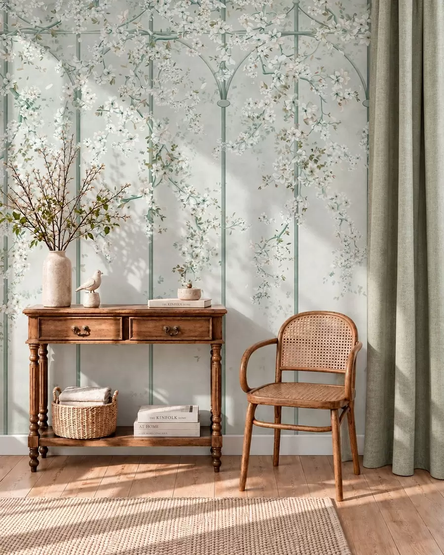 murais de parede Ramos com flores brancas numa treliça decorativa verde w05923v2