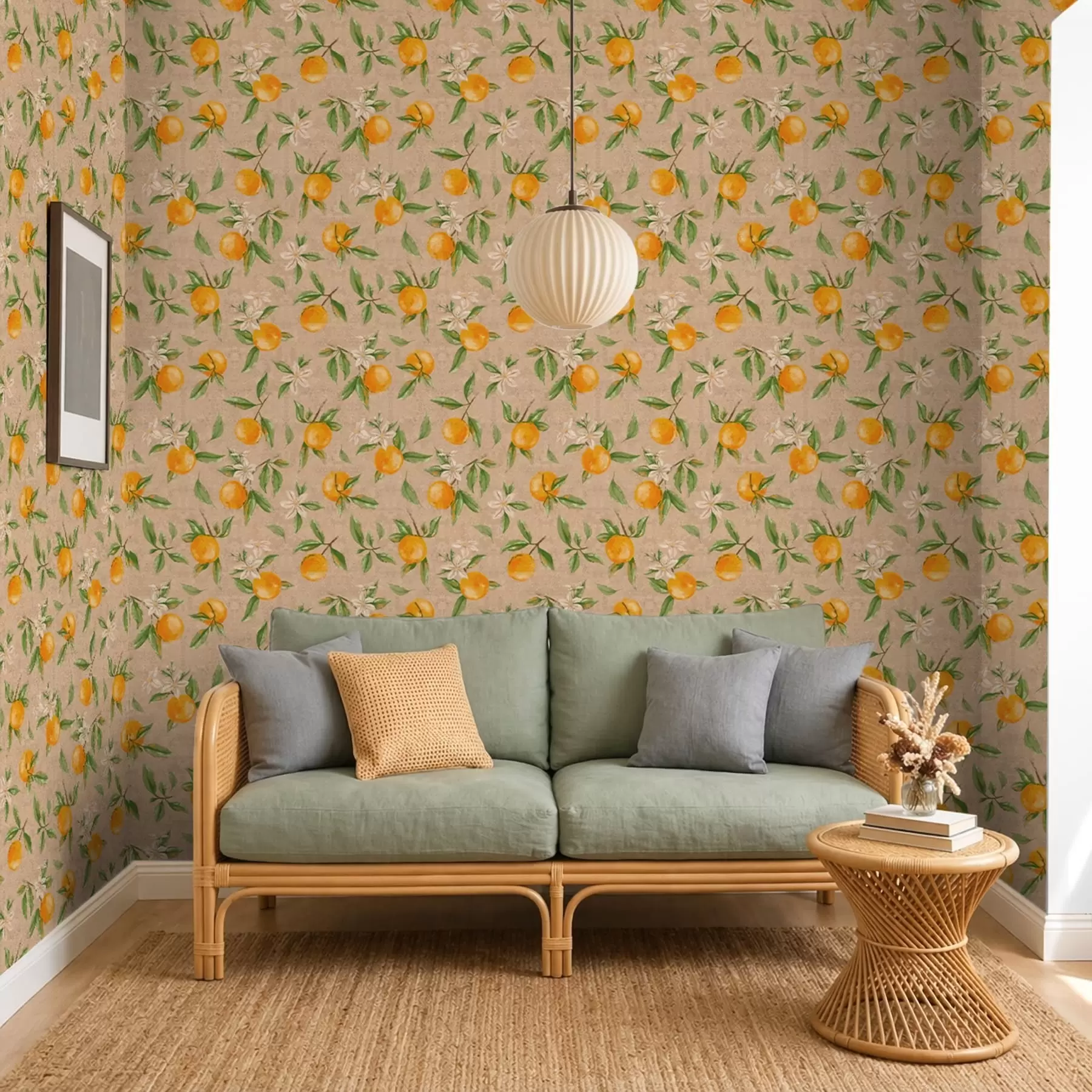 murais de parede Laranjas, folhas verdes e flores brancas a01264