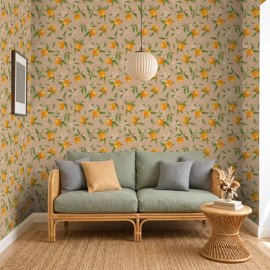 murais de parede Laranjas, folhas verdes e flores brancas a01264