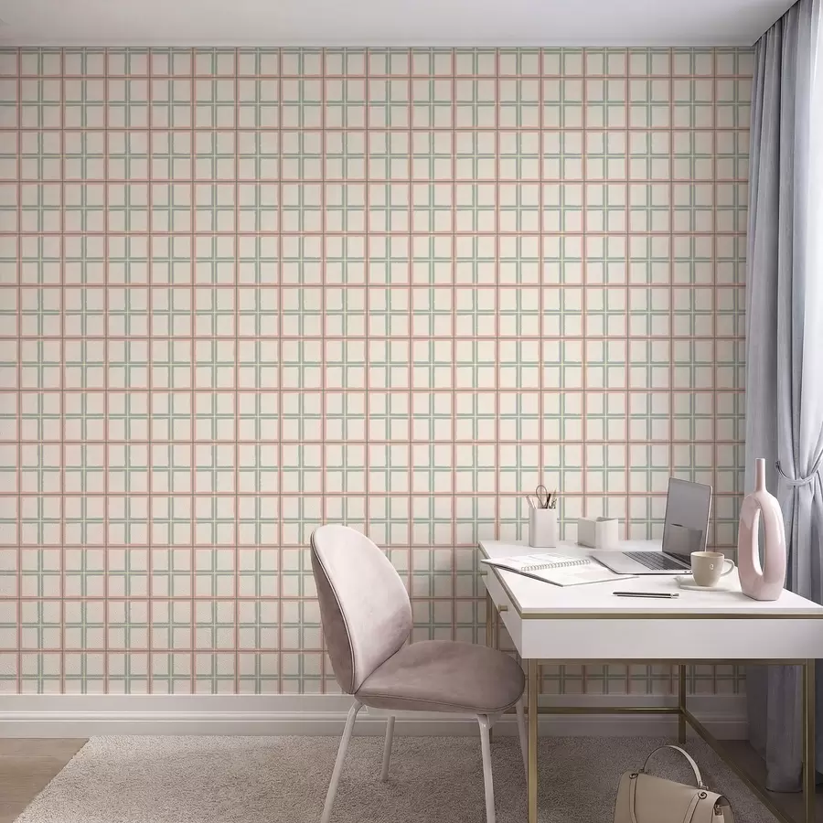 murais de parede Padrão xadrez com linhas cor-de-rosa, azuis e amarelas a01267v1
