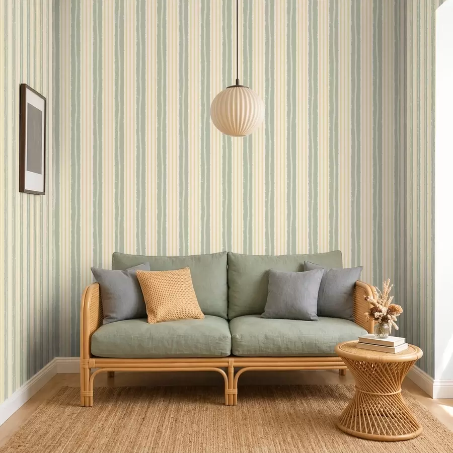 murais de parede Riscas verticais em tons de menta e amarelo sobre um fundo claro a01268v5