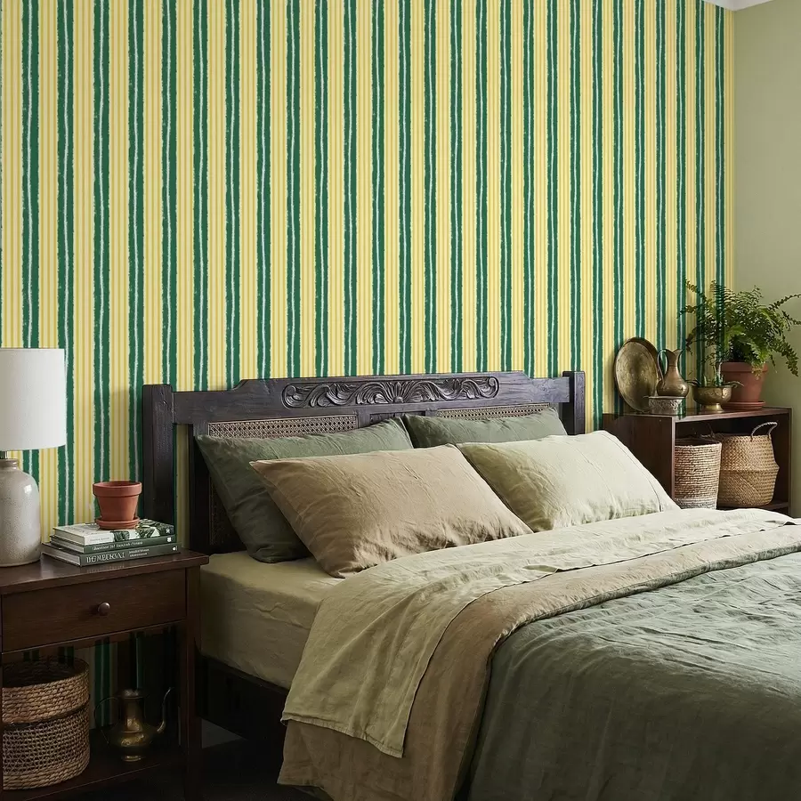 murais de parede Listras verticais verdes e amarelas sobre um fundo claro a01268v6