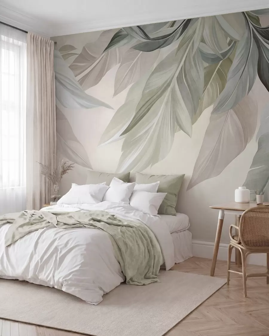murais de parede Folhas tropicais, grandes, em tons suaves de verde, bege e rosa, sobre um fundo claro e texturado w10054