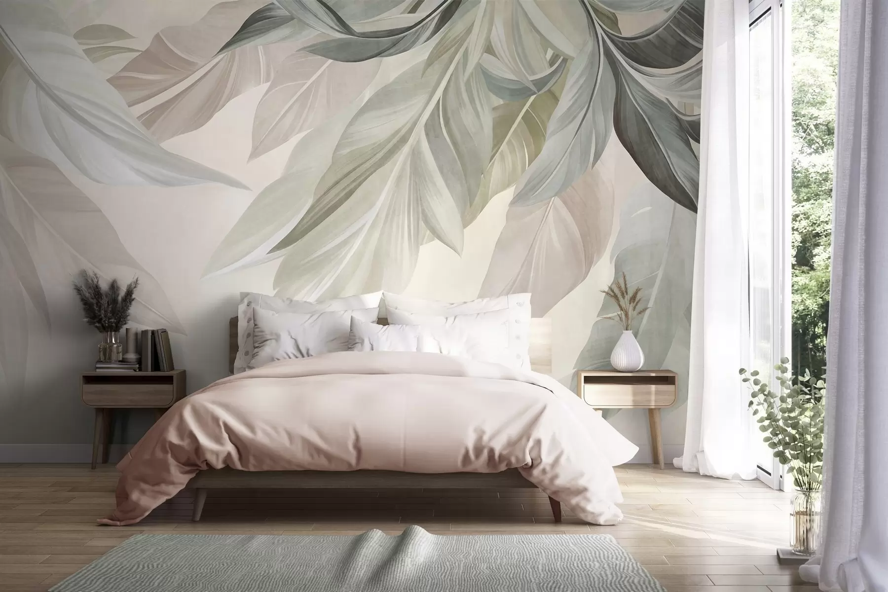 murais de parede Folhas tropicais, grandes, em tons suaves de verde, bege e rosa, sobre um fundo claro e texturado w10054