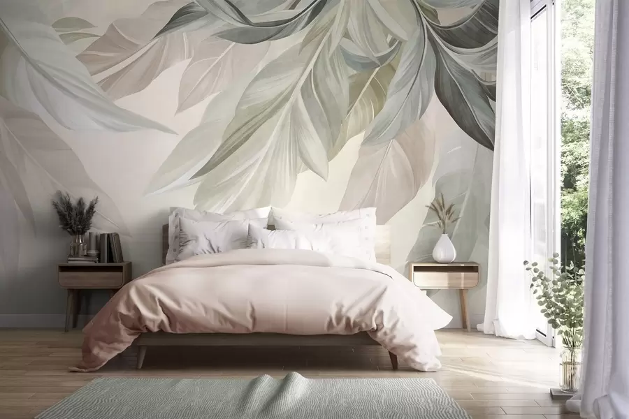 murais de parede Folhas tropicais, grandes, em tons suaves de verde, bege e rosa, sobre um fundo claro e texturado w10054