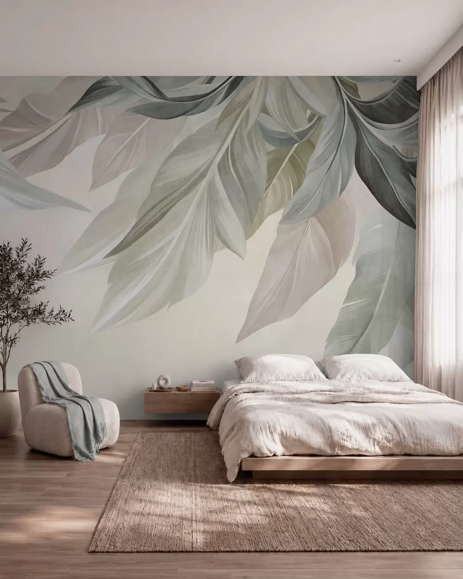 murais de parede Folhas tropicais, grandes, em tons suaves de verde, bege e rosa, sobre um fundo claro e texturado w10054