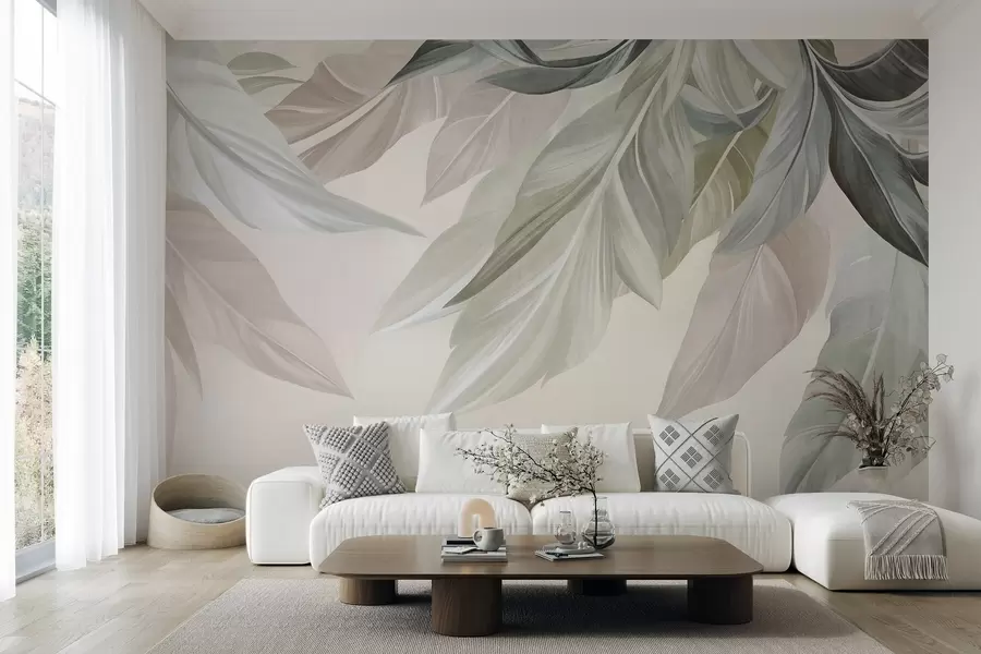 murais de parede Folhas tropicais, grandes, em tons suaves de verde, bege e rosa, sobre um fundo claro e texturado w10054