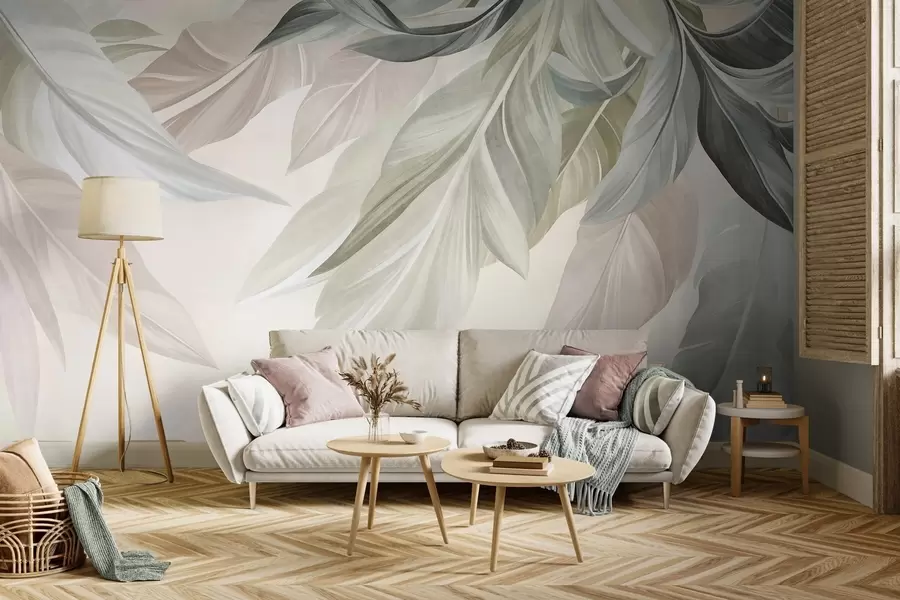 murais de parede Folhas tropicais, grandes, em tons suaves de verde, bege e rosa, sobre um fundo claro e texturado w10054