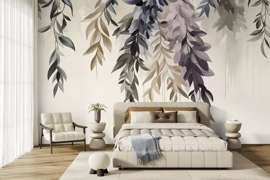 murais de parede Folhas abstratas pendentes em tons de roxo, azul e bege, com caules longos e finos w10057