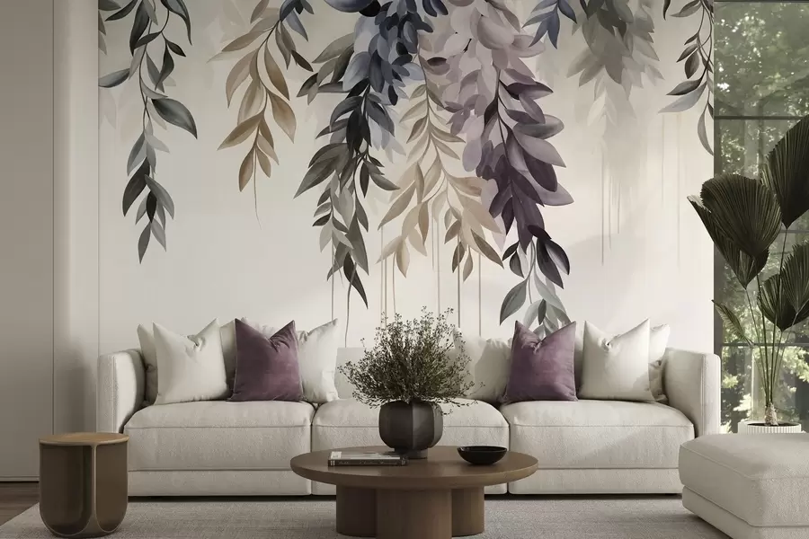 murais de parede Folhas abstratas pendentes em tons de roxo, azul e bege, com caules longos e finos w10057