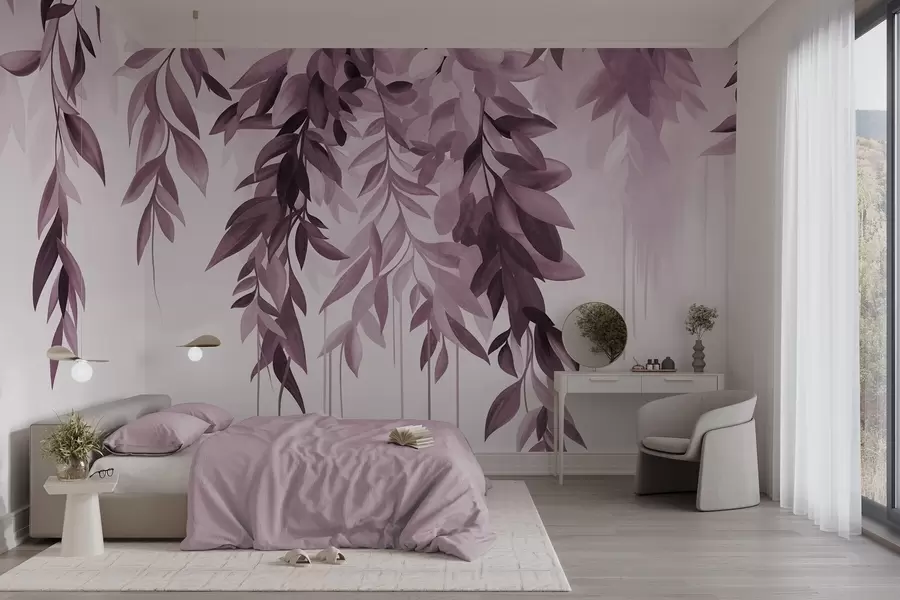 murais de parede Folhas abstratas pendentes em tons de roxo e rosa, com caules longos e finos w10057v1